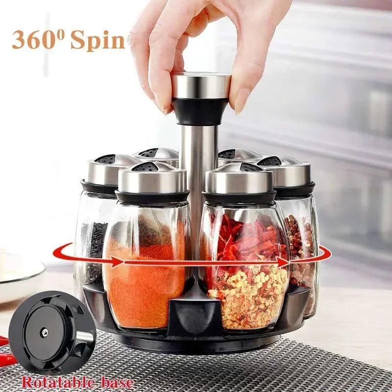 Lumora™ 360° Rotating Spice Carousel & Glass Jar Set
