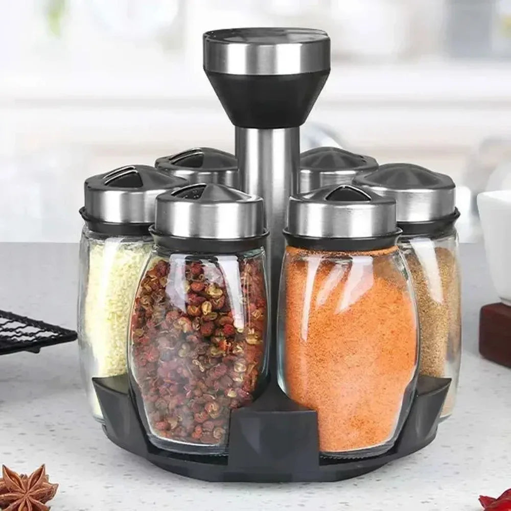 Lumora™ 360° Rotating Spice Carousel & Glass Jar Set