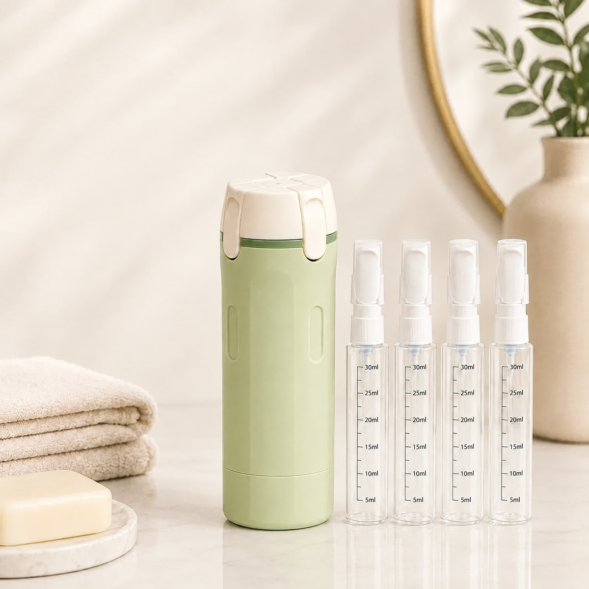 Lumora's Travel Pro in sage green with four refillable bottles