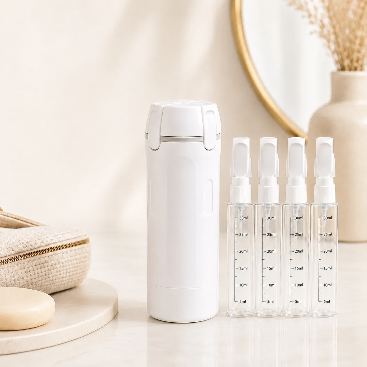 Lumora's Travel Pro in white with four refillable bottles