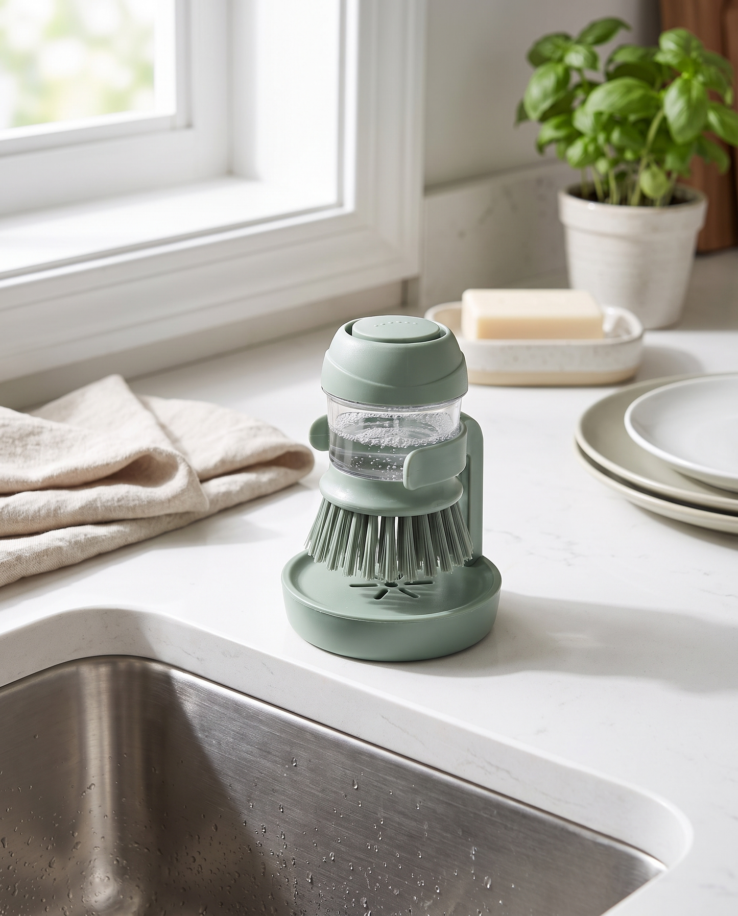 Smart Lumora ScrubPro dish brush on a kitchen countertop next to the sink