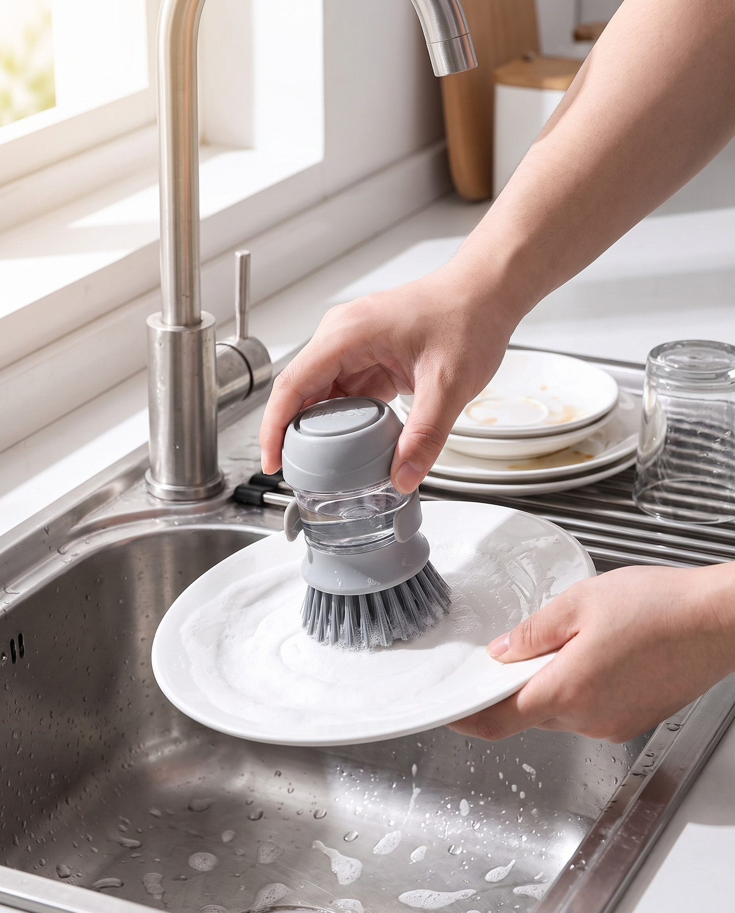 Scrubbing a stack of dishes with the Smart Lumora ScrubPro dish brush