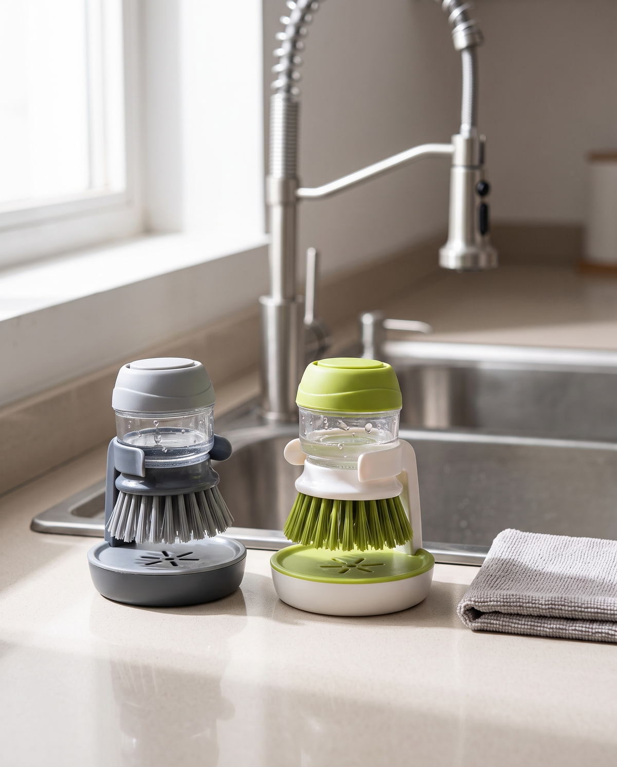 Smart Lumora ScrubPro dish brush standing on its base beside the sink