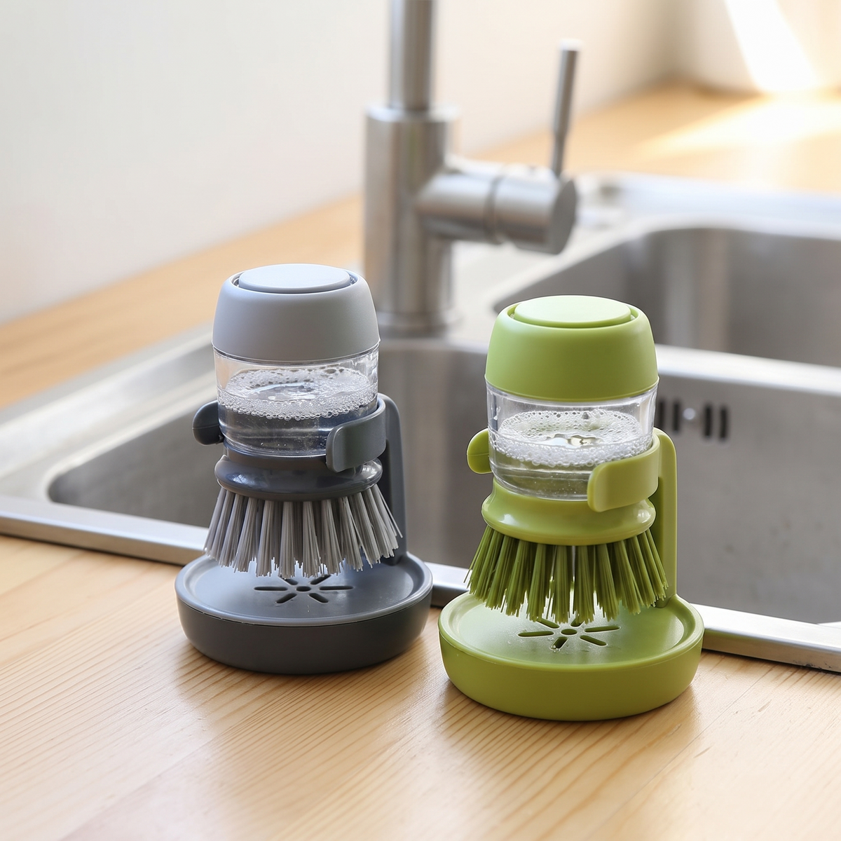 Smart Lumora ScrubPro dish brush upright on its drip-dry base