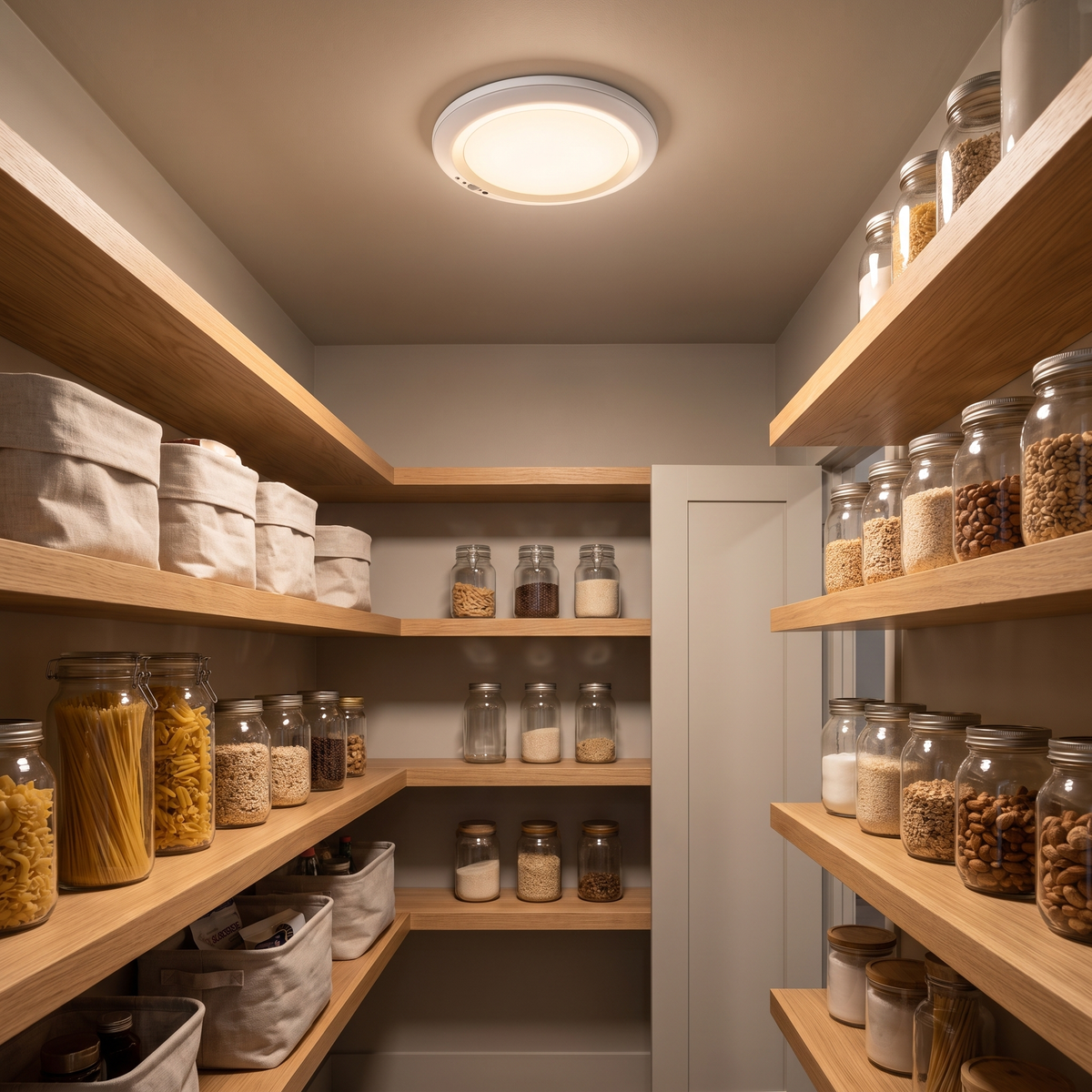 Lumora's SmartLight mounted on a pantry ceiling, lighting the shelves